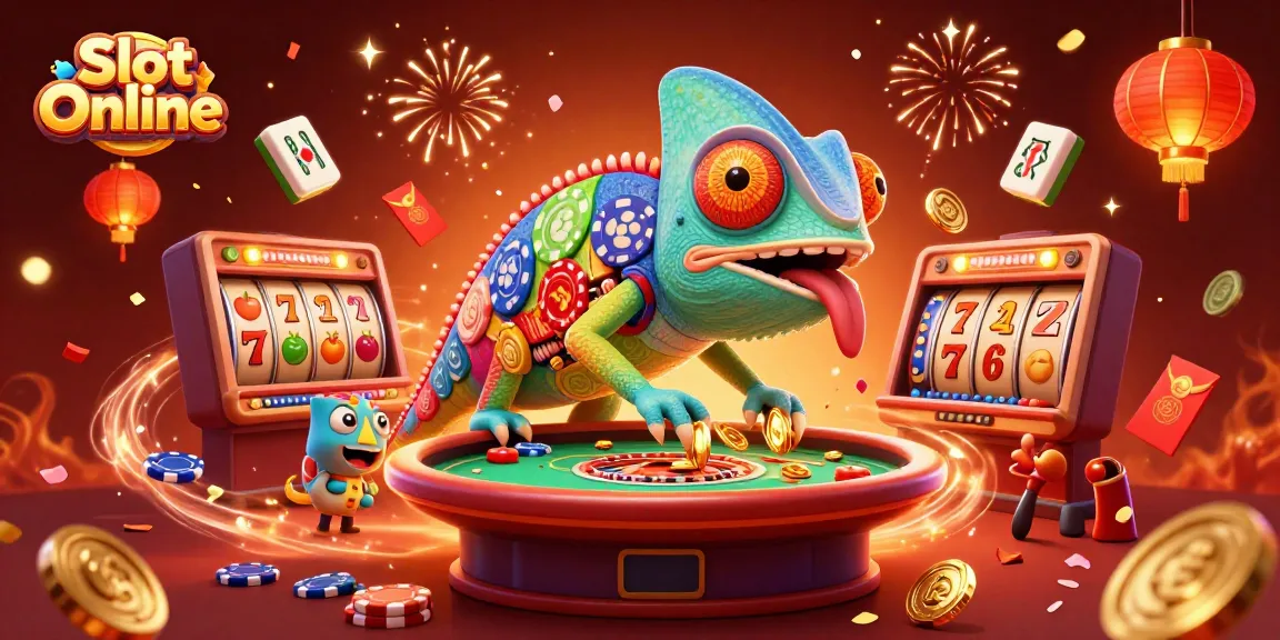 Experience Slot Online excitement with dynamic slot reels, a colorful chameleon, and festive casino elements.