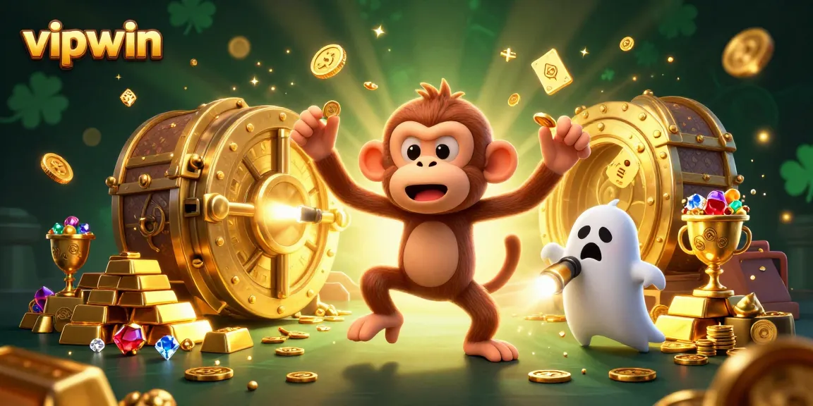 Experience thrilling gameplay at vipwin with a poltergeist monkey and ghost-hunter puppy in a vibrant casino