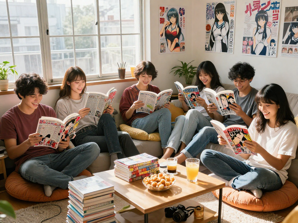Friends enjoying manga reading together, featuring diverse characters and the phrase "Read More" naturally integrated.