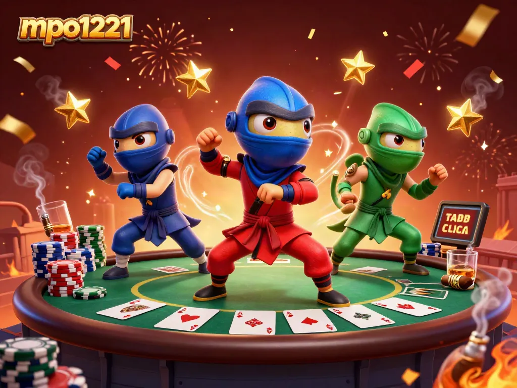 Mpo1221 showcases a lively scene with chameleon ninjas performing martial arts amidst vibrant poker elements.
