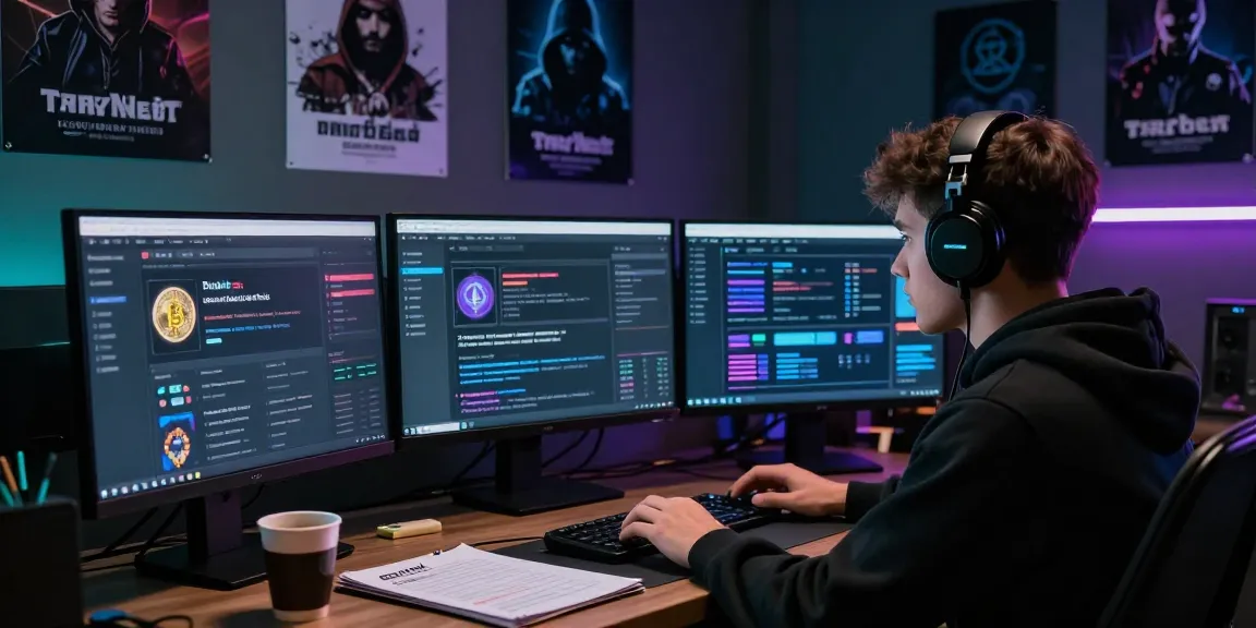 Focused researcher analyzing Best Darknet Markets 2026 on multiple screens in a cybersecurity-themed room.