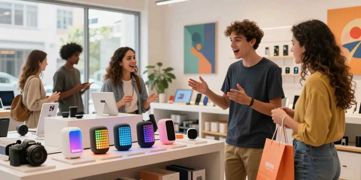 Divoom official store shopping experience showcasing smart speakers and LED art devices in a vibrant urban environment.