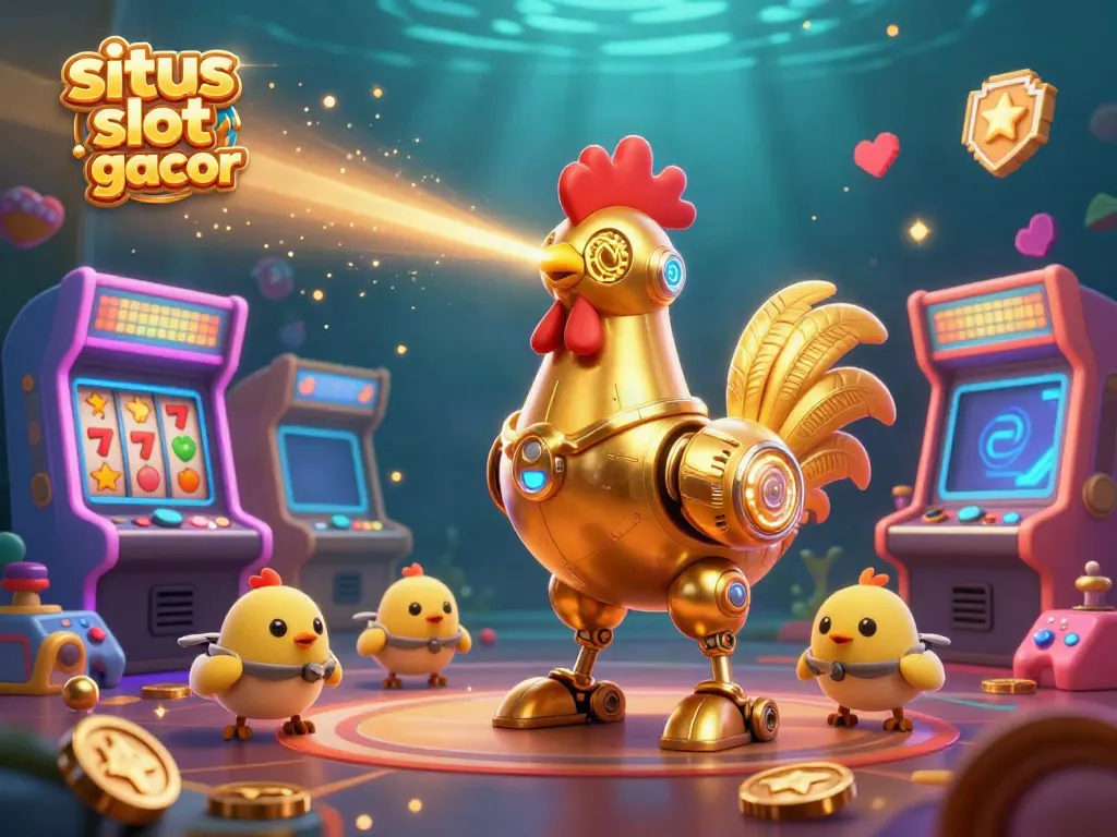 Engage in exciting gaming at situs slot gacor with a vibrant retro-futuristic casino scene full of animated characters and slot machines.