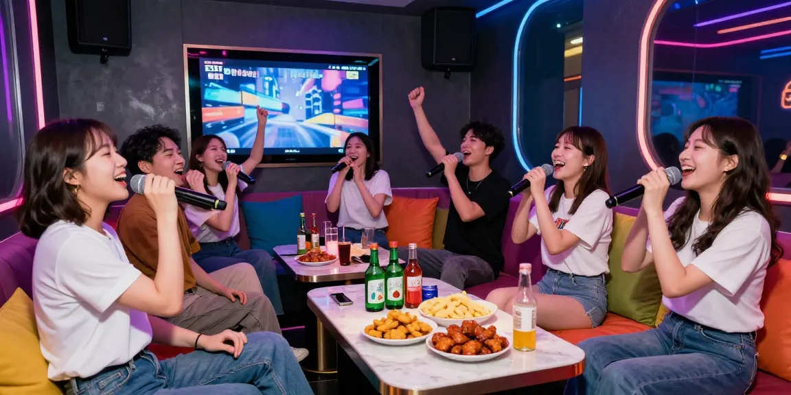 Friends enjoying a lively 강남가라오케 night, singing with joy in a vibrant karaoke bar.