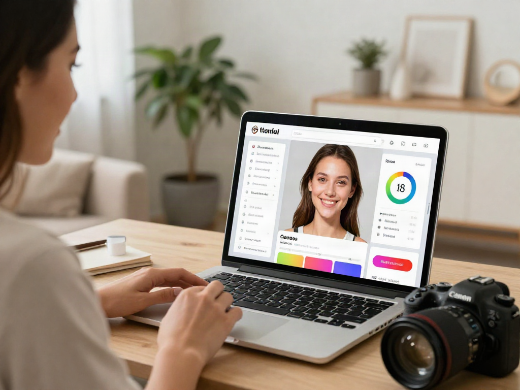 Test attractiveness using a modern online beauty app in a cozy living room.