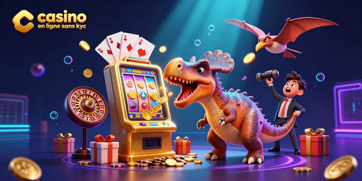 Illustration dynamique de casino en ligne sans KYC, représentant des personnages cartoon et des éléments de jeu captivants.
