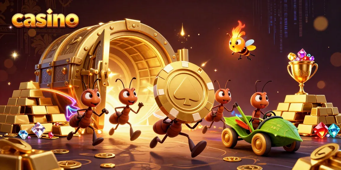 Casino-themed illustration with ants and a heist for a giant poker chip, featuring vibrant visuals and gambling elements.