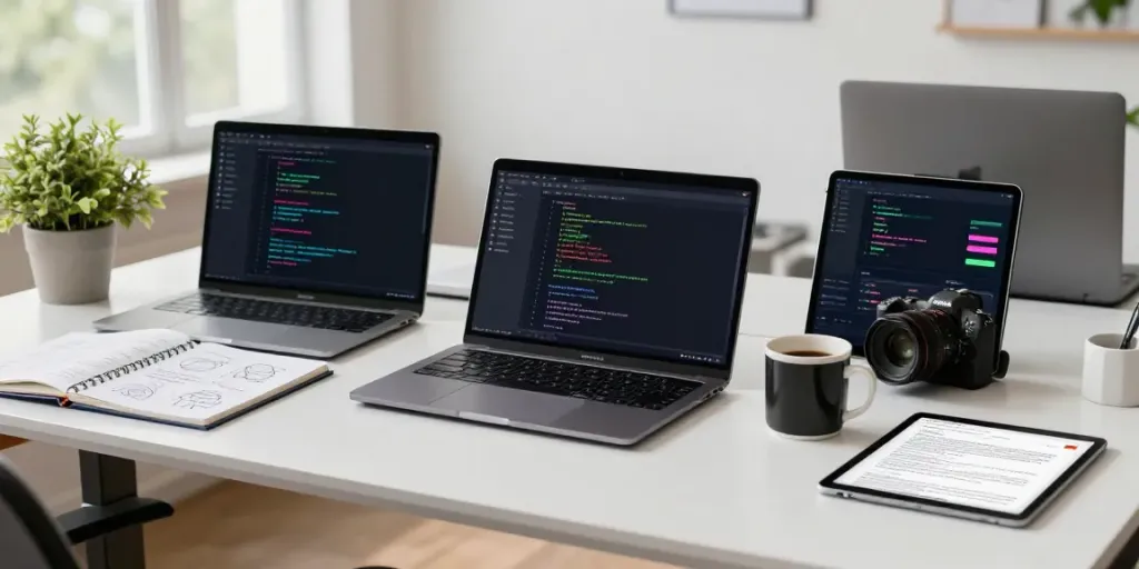 Developer reviewing Android apps at h5.2113.net workspace with dual monitors and laptops.