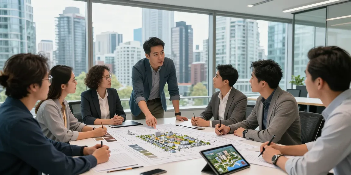 Terry Hui leading a strategic meeting on urban development plans in a high-rise office with a view of Vancouver's skyline.