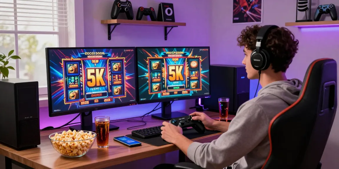 Exciting online gaming scene showcasing a slot deposit 5k environment with colorful displays and gaming gear.