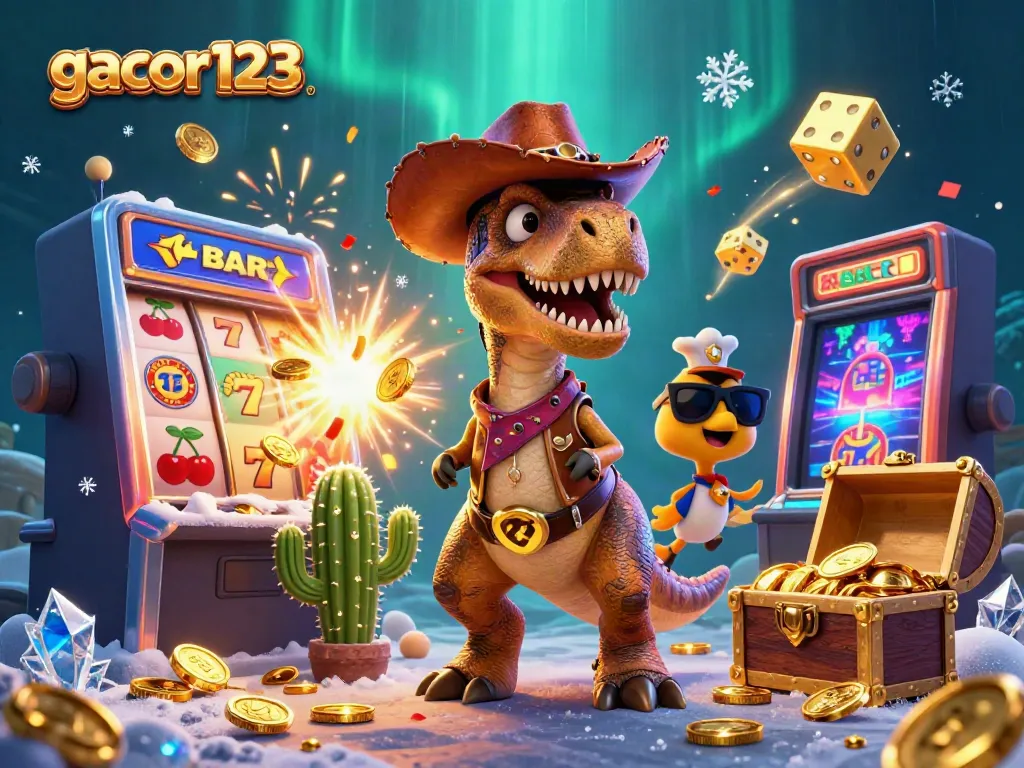 Spin the reels with gacor123's thrilling jackpot scene featuring lively characters and casino elements!
