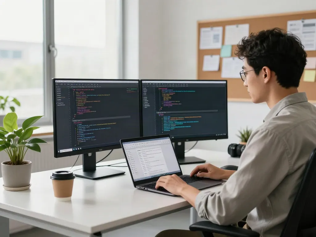 Developer coding at dual monitors in a modern office setting, v2rayN官网 project visible on screen.