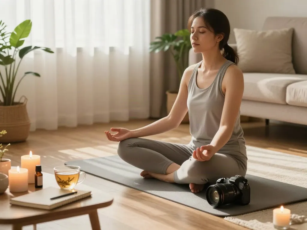 Mindful wellness practice at home with rokok88 elements like candles and plants.
