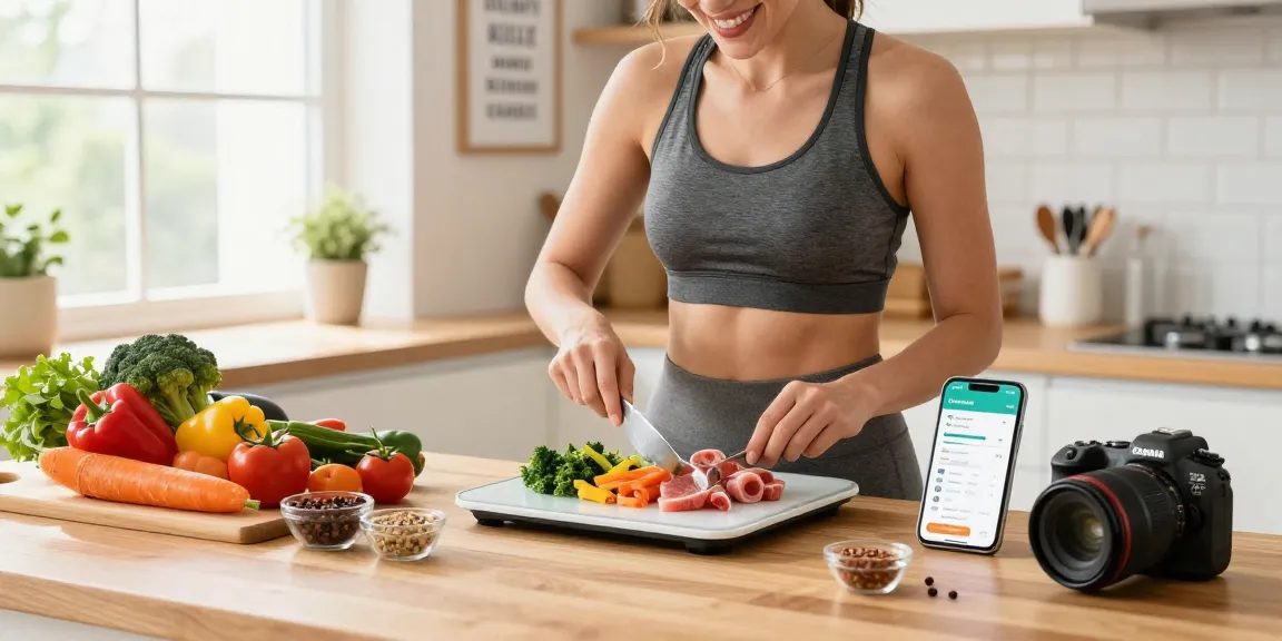 Using the best calorie tracker app while preparing a healthy meal in a bright kitchen.