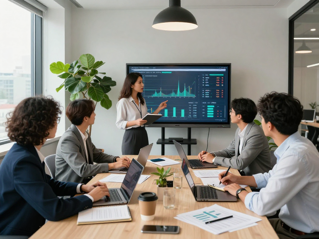 Team collaborating at https://koperasisantun.com/ in a modern office setting with performance metrics