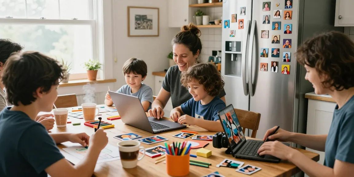 Creating custom photo magnets with family surrounded by vibrant photos and art supplies.