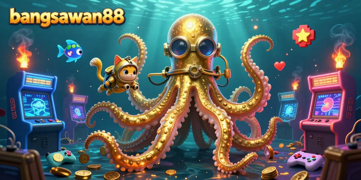 Experience thrilling gameplay with bangsawan88 amid a treasure-filled ocean with a kraken and diving cat.