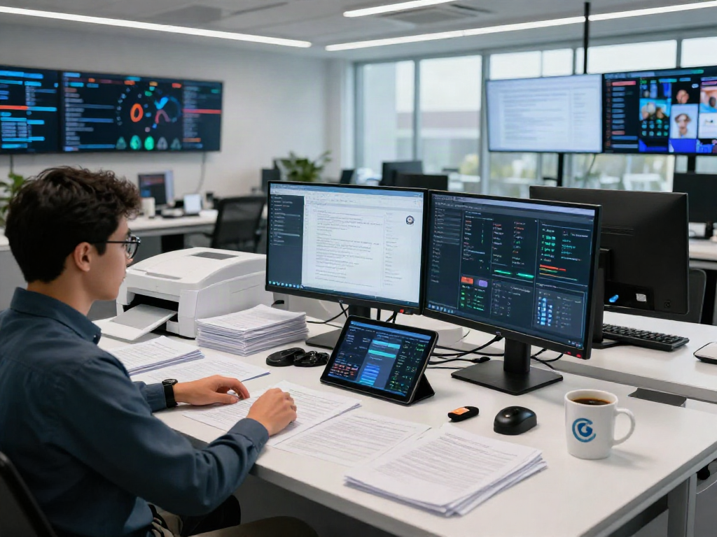 Cybersecurity analyst using a document fraud detection solution in a modern command center.