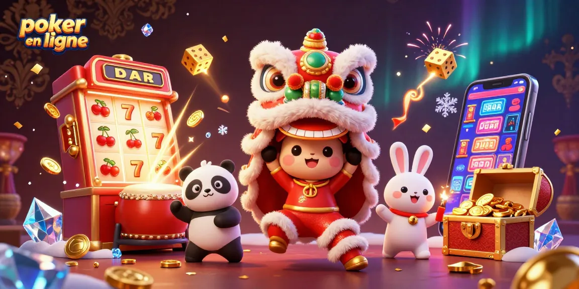 Jouez au poker en ligne avec une ambiance festive illustrée par des personnages et des éléments de casino.