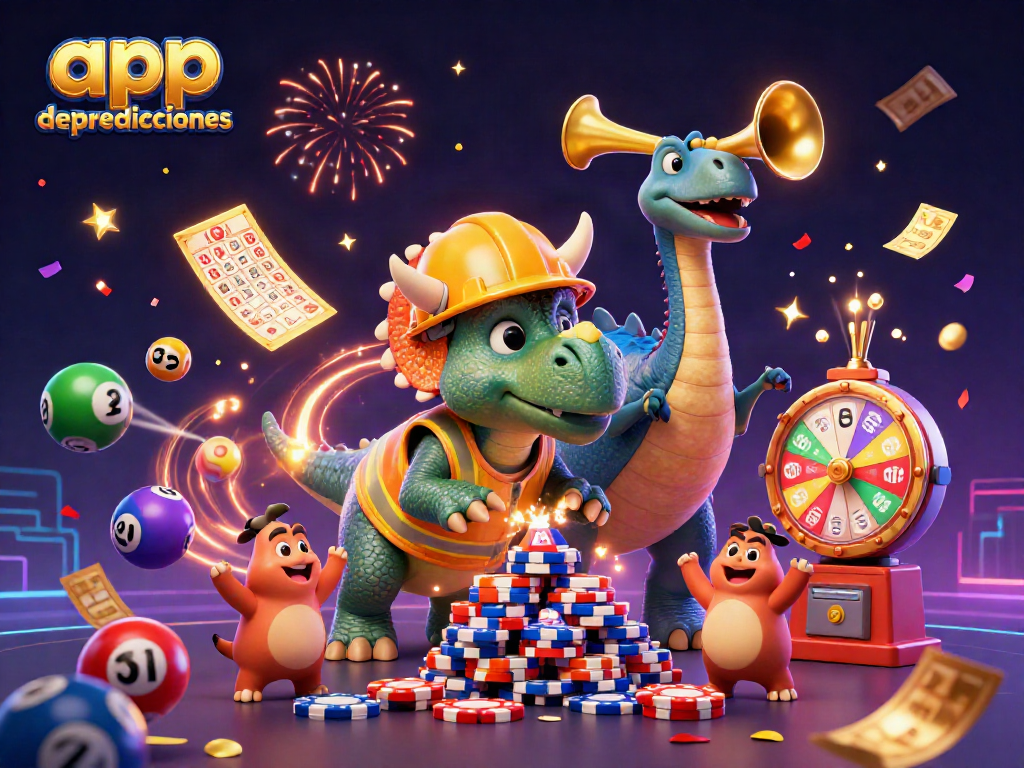 Experience the excitement of app de predicciones with animated lottery balls and celebratory dinosaurs.