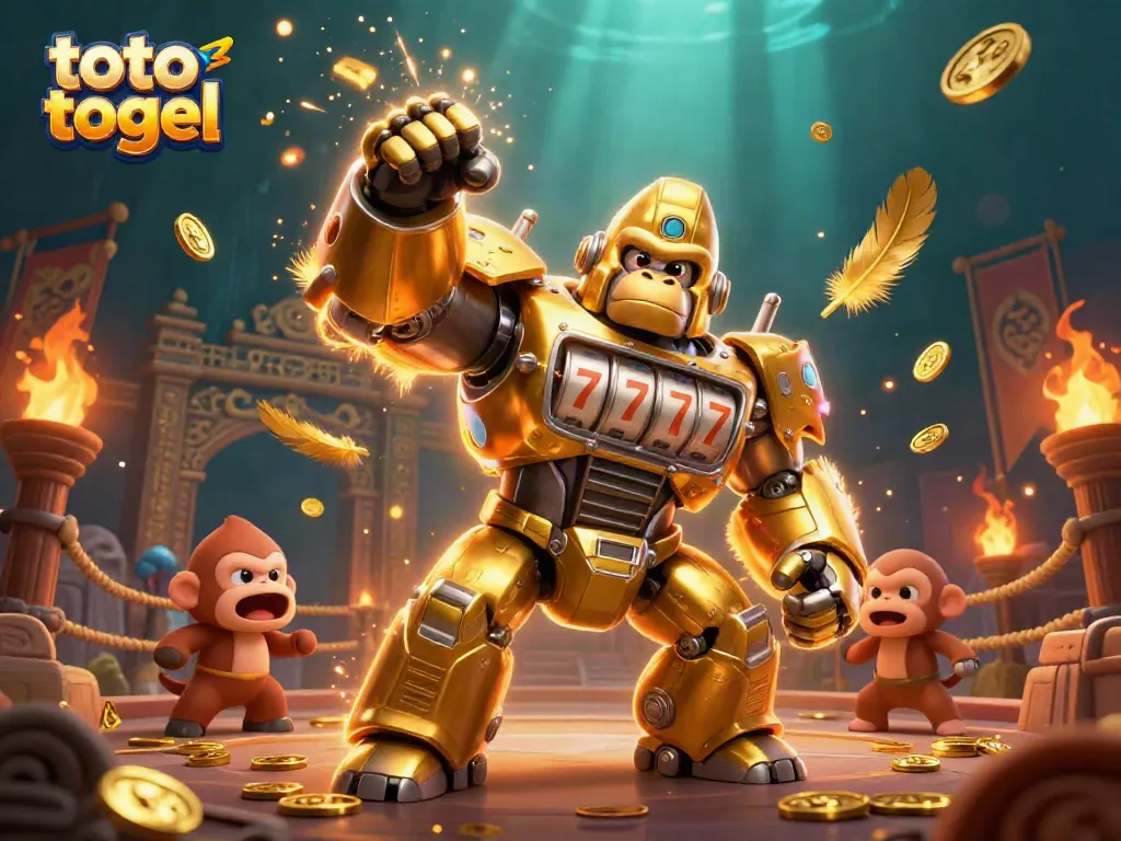 Join the exciting world of toto togel with a dynamic 3D illustration of a golden gorilla mech showcasing thrilling gambling elements.