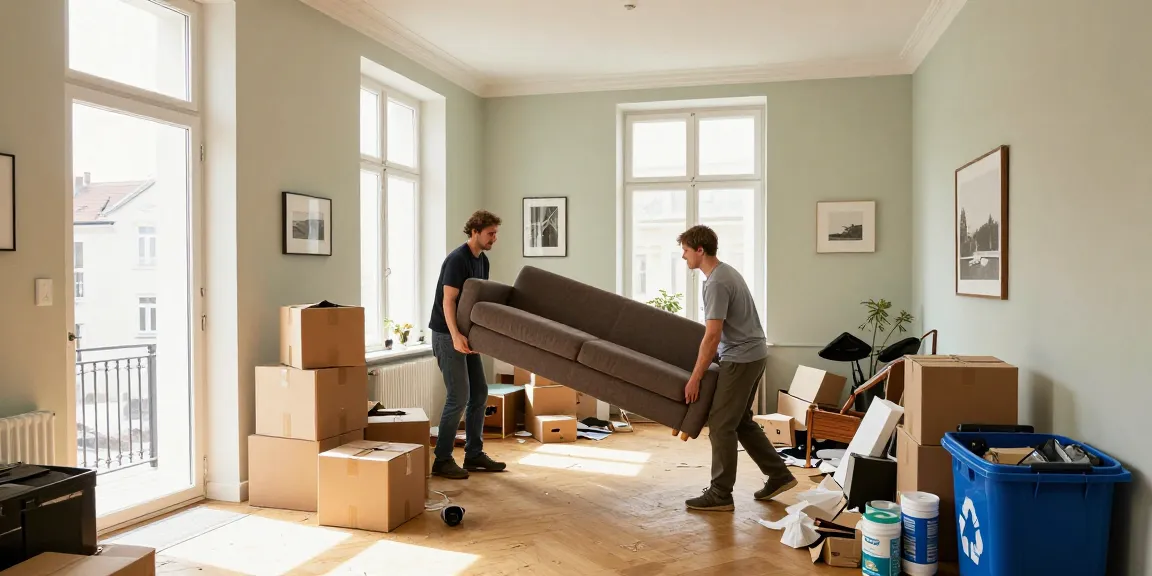 Efficient Wohnungsentrümpelung Berlin scene with movers decluttering an apartment, lifting furniture and packing boxes.