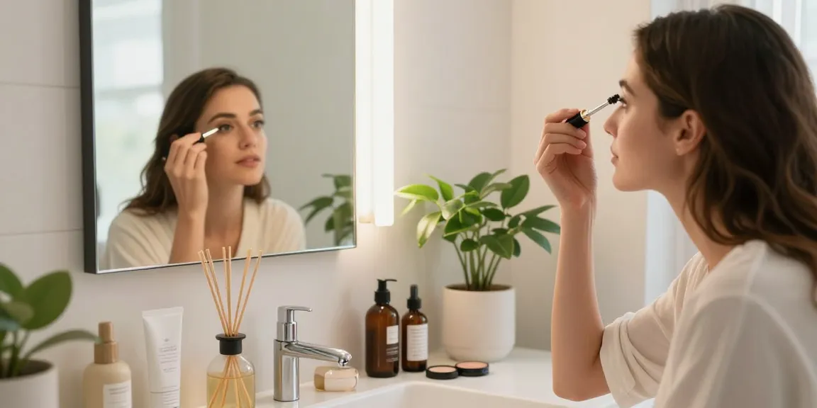 Applying كحل اثمد حجازي in a stylish bathroom setting, emphasizing natural beauty.