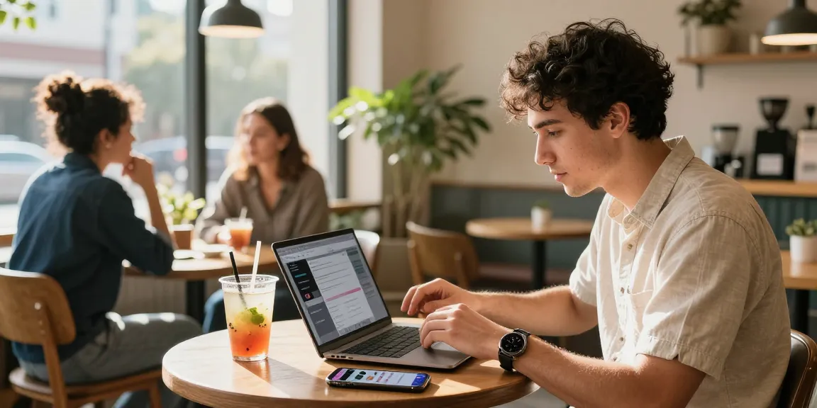 Order high quality Instagram likes while reviewing social media metrics in a lively coffee shop.