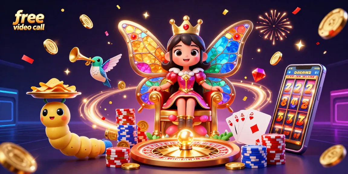 Engage in free video call with animated characters surrounded by glittering casino elements.