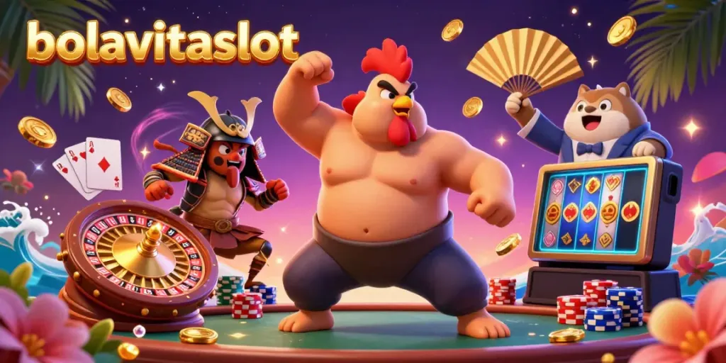 Experience the excitement at bolavitaslot with a dynamic casino scene featuring a sumo rooster, samurai cricket, and tanuki announcer.