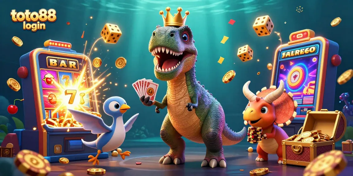 Engage with thrilling slots at toto88 login featuring a lively dinosaur-themed casino scene.