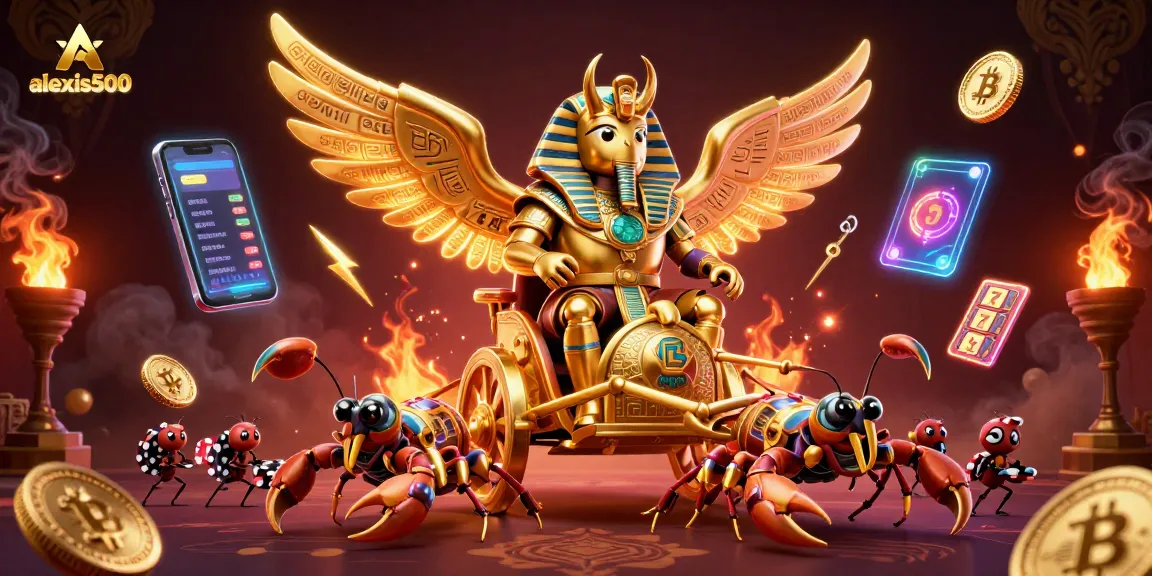 Play slots with alexis500 amidst vibrant golden elements and crypto coins in a dynamic scene.