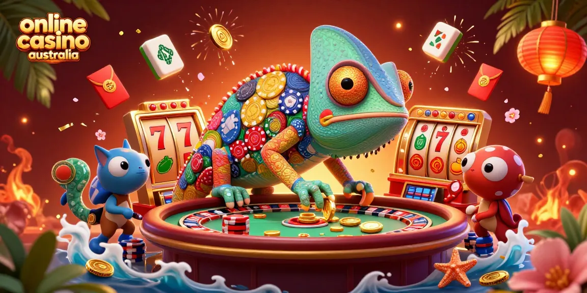 Engage in thrilling gameplay at online casino australia featuring a vibrant 3D chameleon owner and dynamic slot elements.