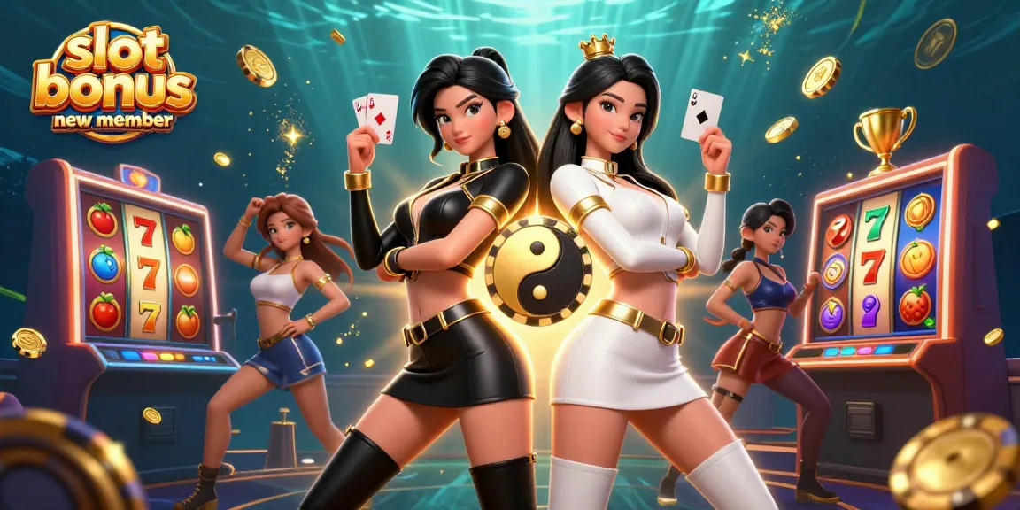 Experience the excitement of a slot bonus new member with twin Asian women in a vibrant casino scene.