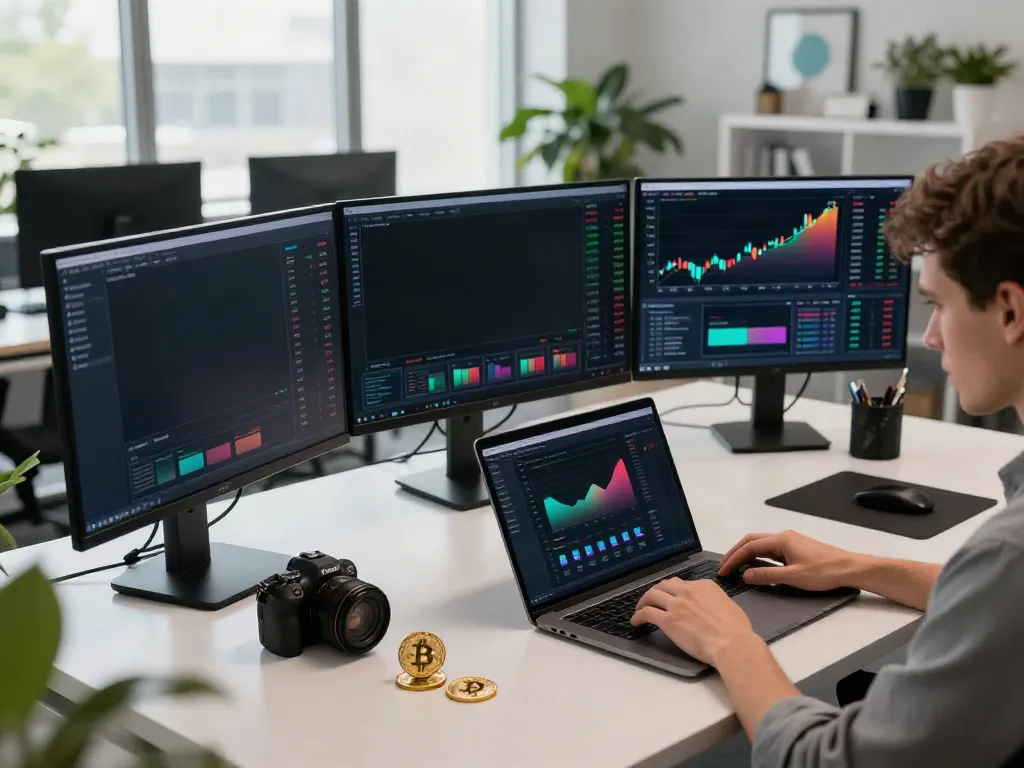 Engaging trading workspace with global stock market API data on multiple screens and digital assets.