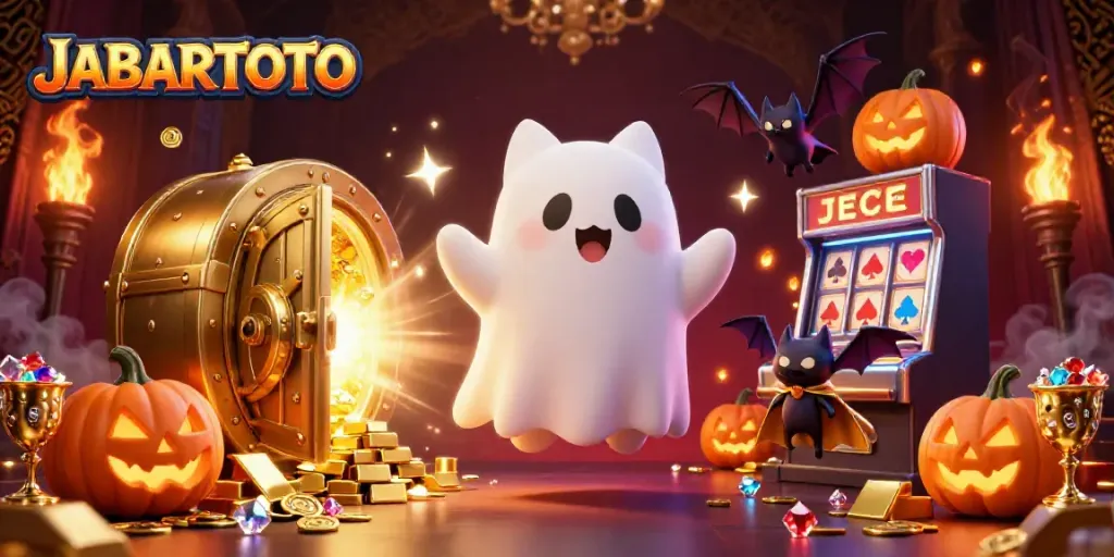 JABARTOTO menghidupkan suasana kasino dengan kucing hantu dan kelelawar bertema Halloween.