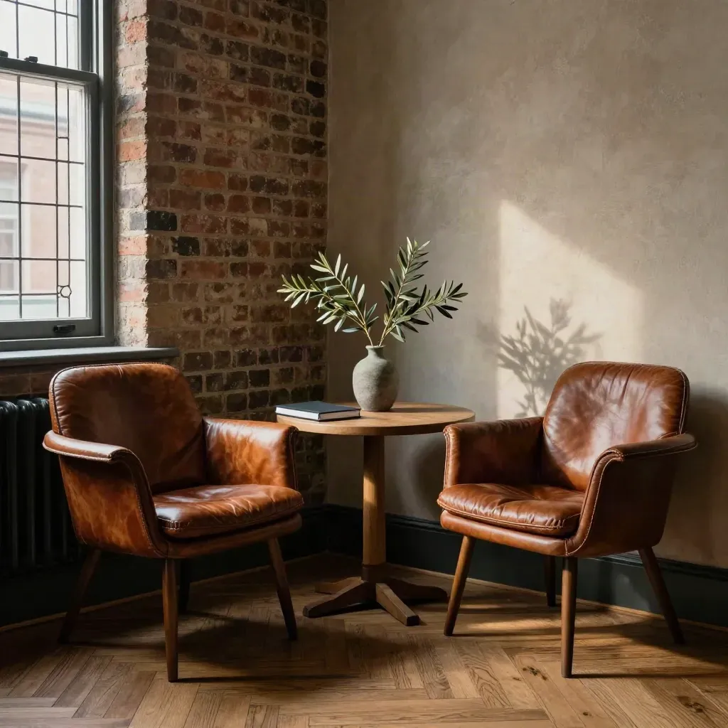 Empty mentorship nook with leather chairs, oak table, notebook and olive branch in warm evening light.