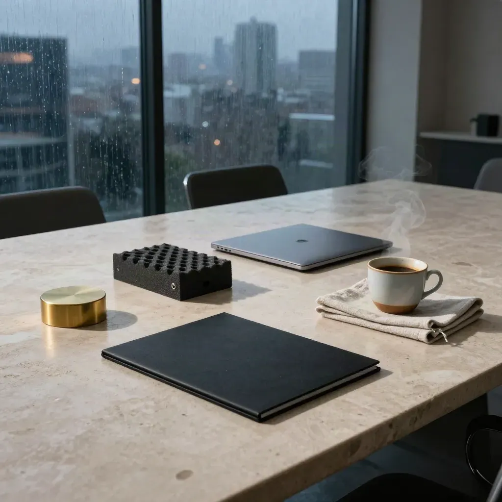 Rain-lit venture funding tableau with laptop, prototype, folder, espresso cup and brass paperweight.