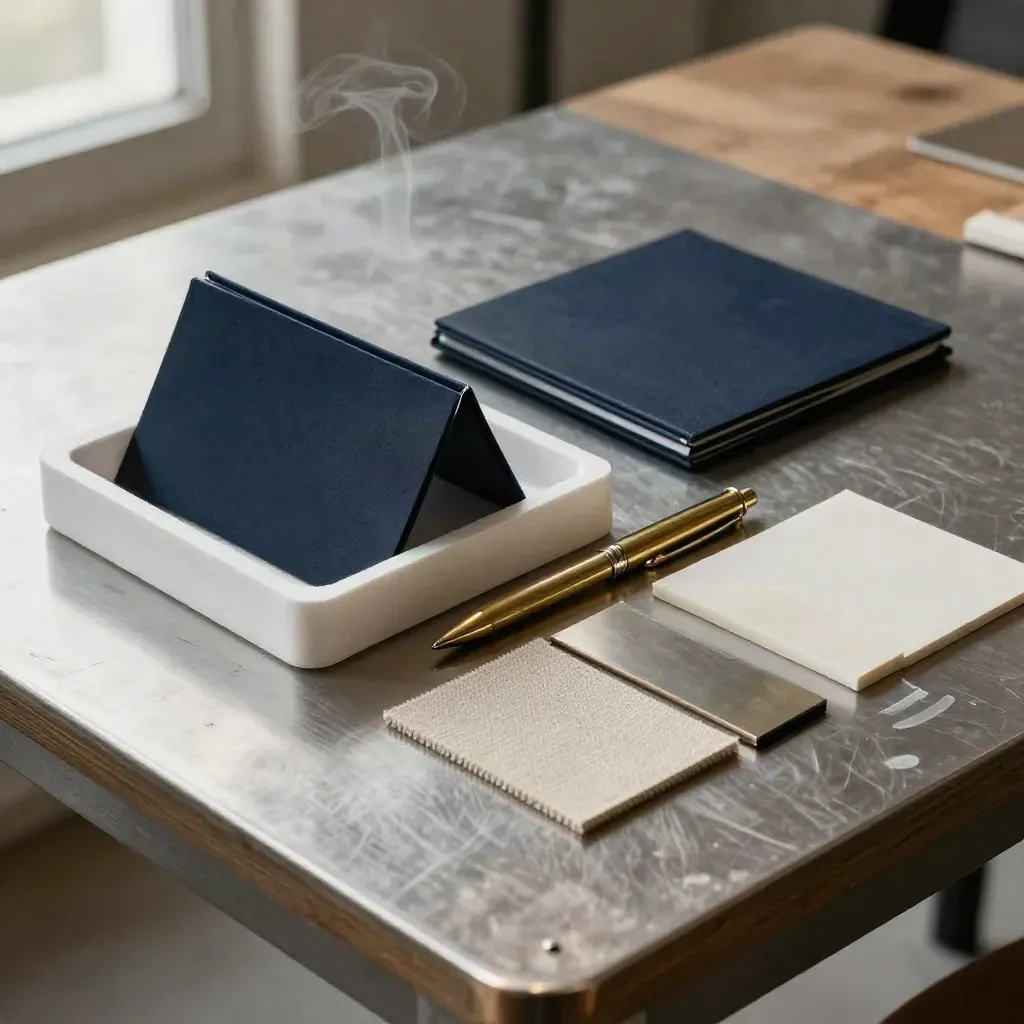 Seed-stage prototype, deck folder, brass pen, swatches, and coffee steam on a pewter workshop table.