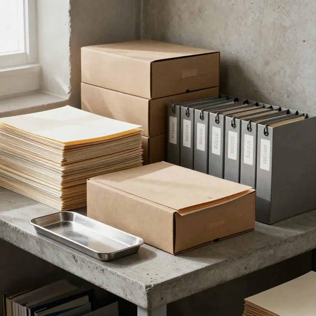 Archive shelf with boxes, folders and tags in a cool basement, viewed from above.