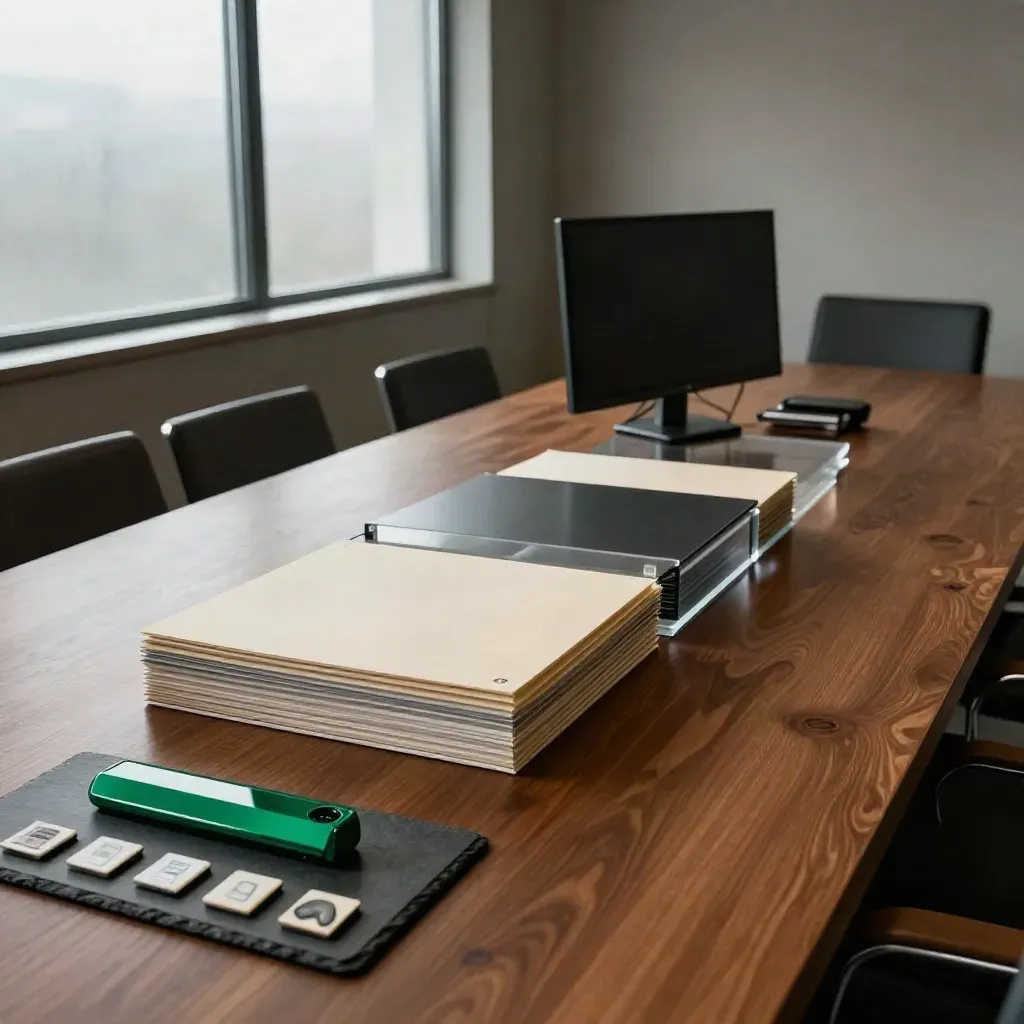 Winter-lit boardroom with prototype assembly, folders, monitor and product samples before a raise.