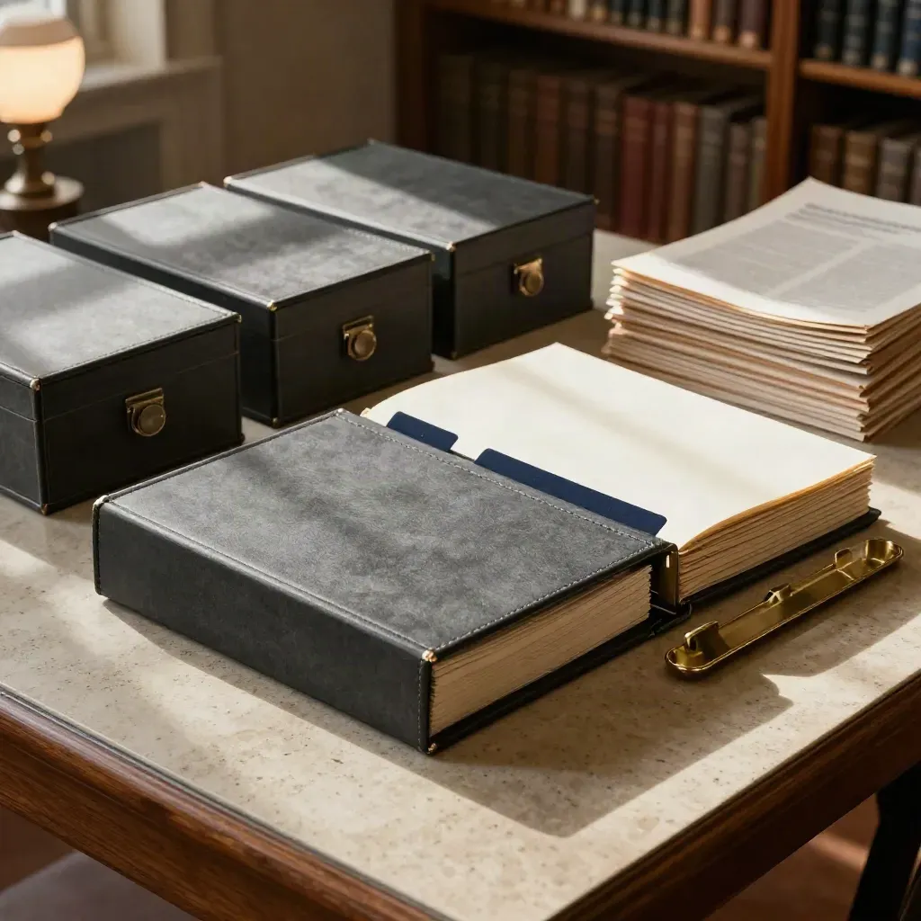Top-down legal-library evidence table with sealed boxes, binder, brass tray and navy tabs.
