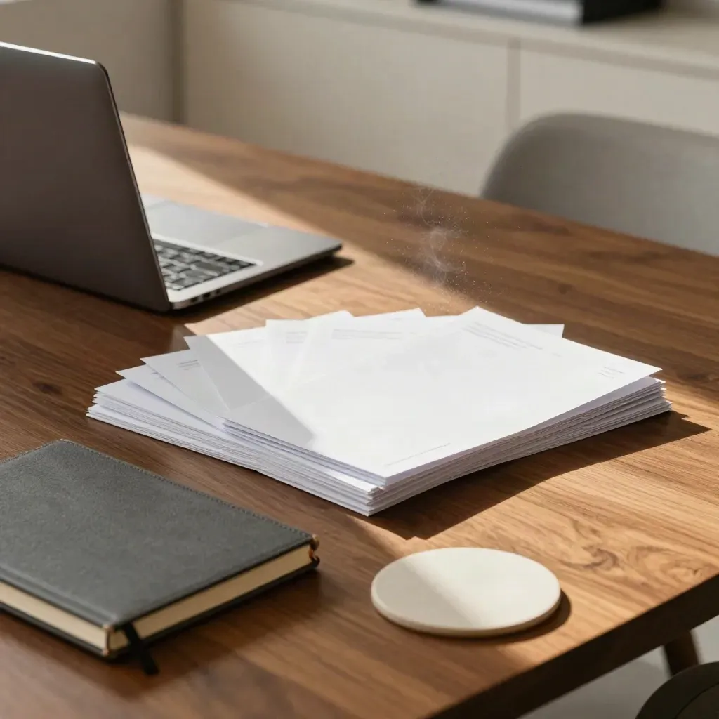 Closed laptop and slide sleeves on a warm walnut table with paper dust in window light