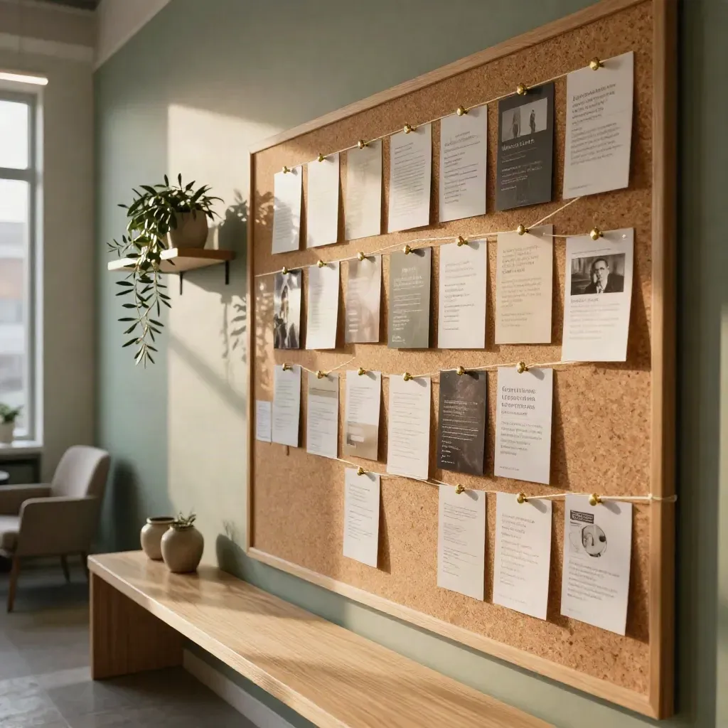 Pinned intro card wall in a startup office with string connections and plant shelf.