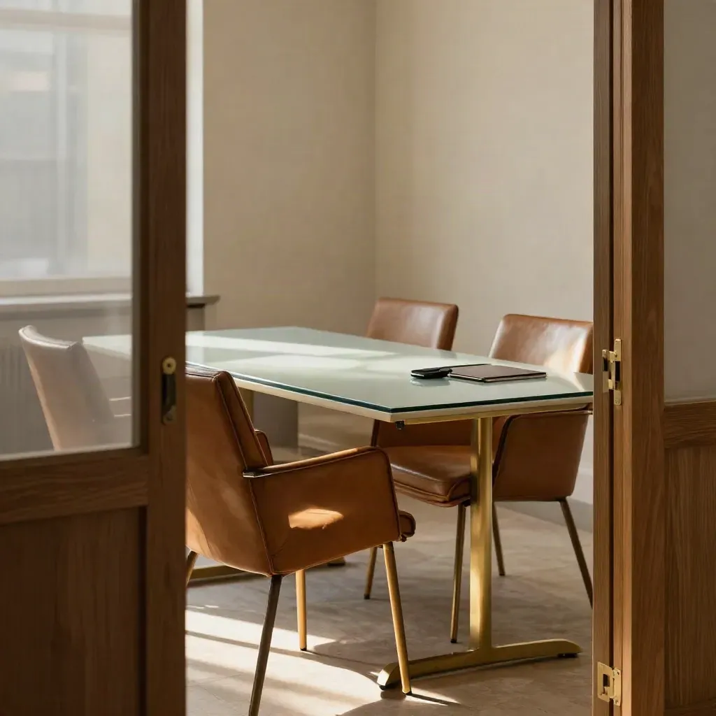 Empty conference room still life with glass table, leather chairs, phone, pen, and folder in warm afternoon light.