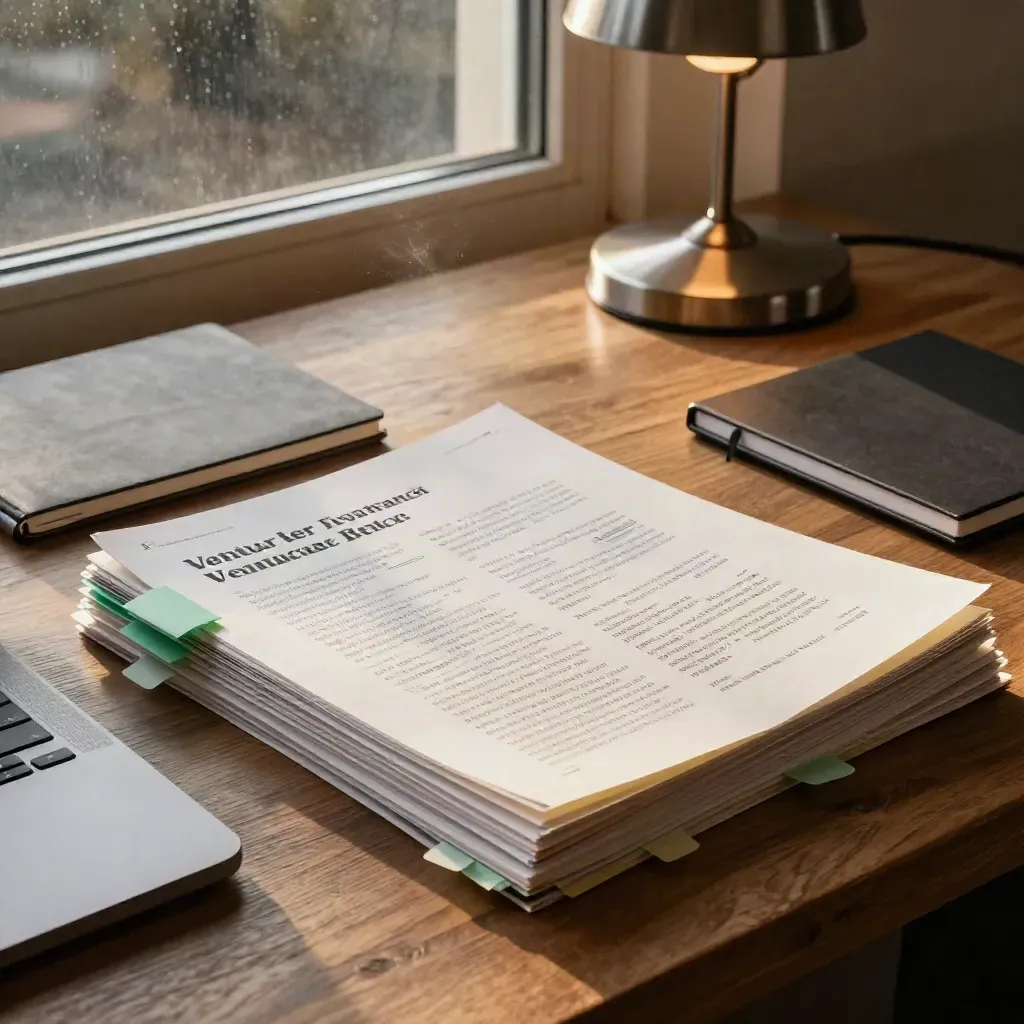 Pitch deck pages, sticky tabs, closed laptop and notebook beside a lamp in rainy late-afternoon light.