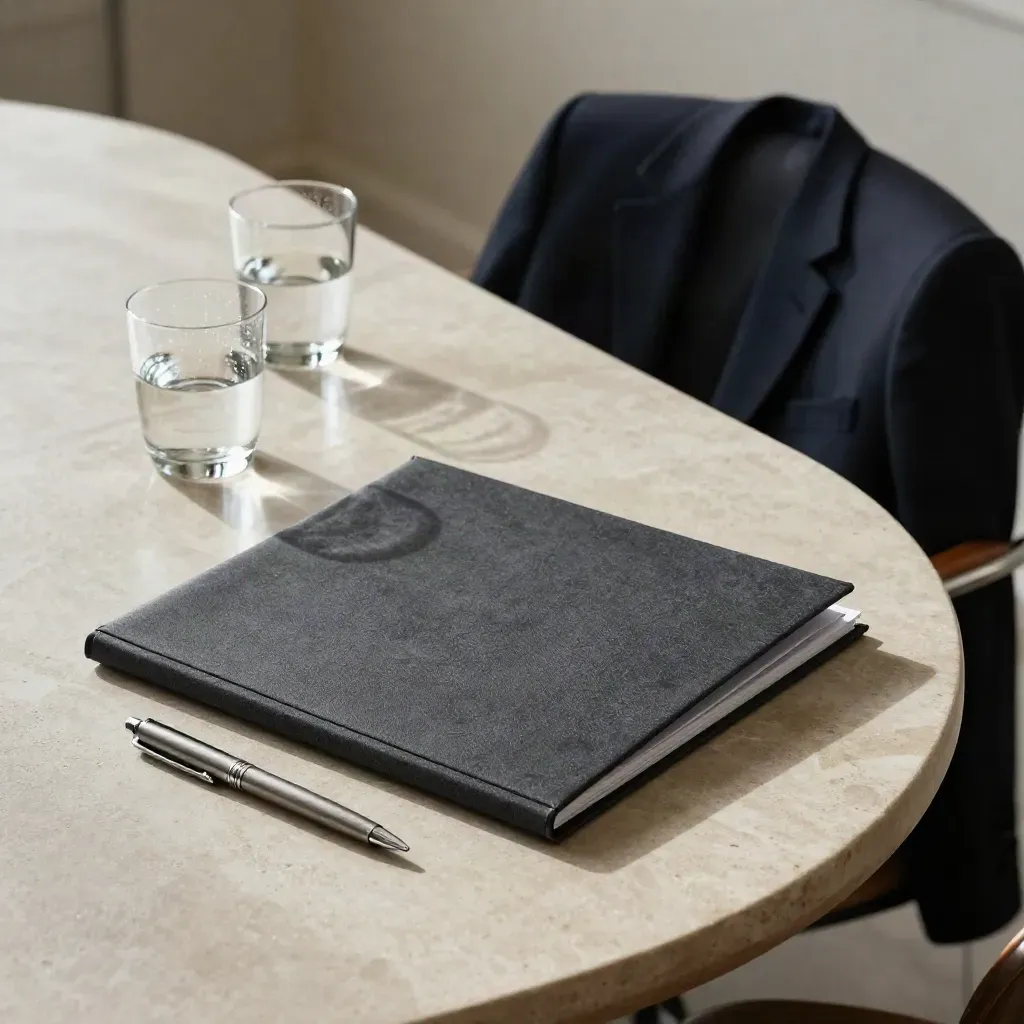 Face-down term-sheet folder, capped pen, condensation-ringed glasses, blazer on chair.