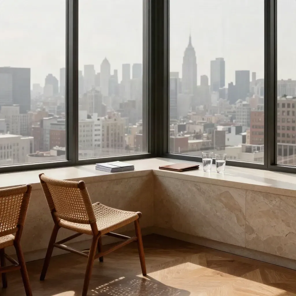 Sunlit VC corner office with empty café chairs, turned invitation cards and skyline haze.