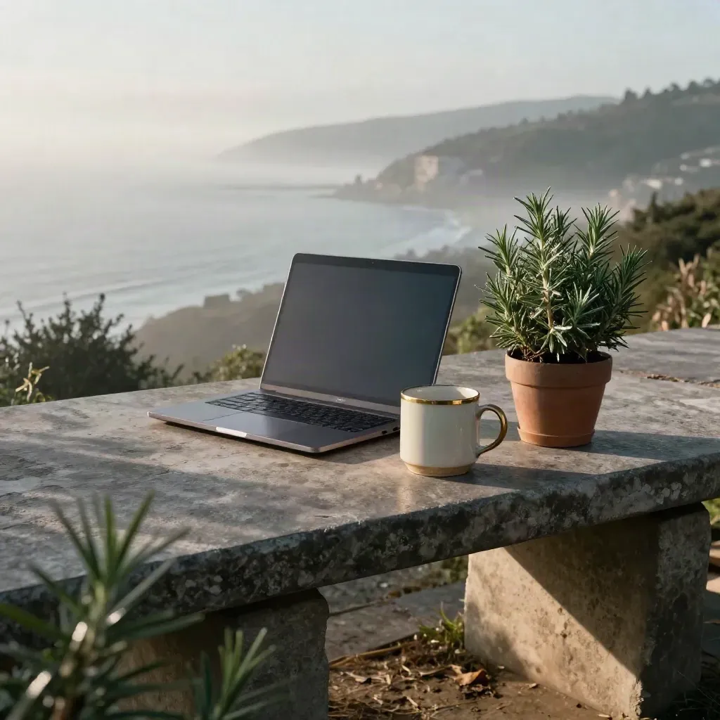 Foggy hillside coworking terrace with closed laptop, glazed mug, and rosemary at dawn