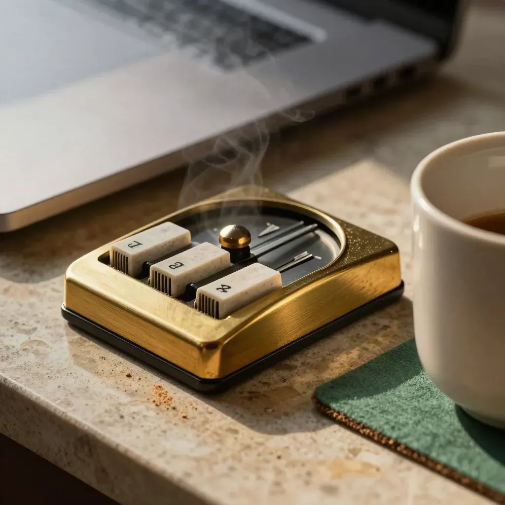 Macro of a venture desk with brass tally counter, stone markers, closed laptop and ceramic cup.